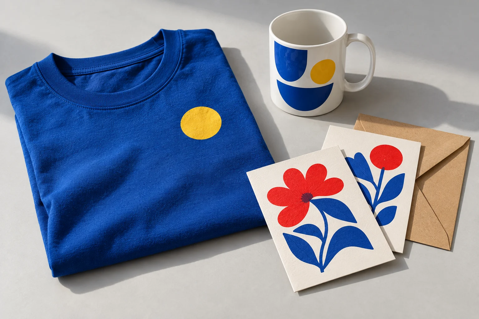 Gestaltungsbeispiel: bedrucktes T-Shirt, eine Tasse und persönliche Karten